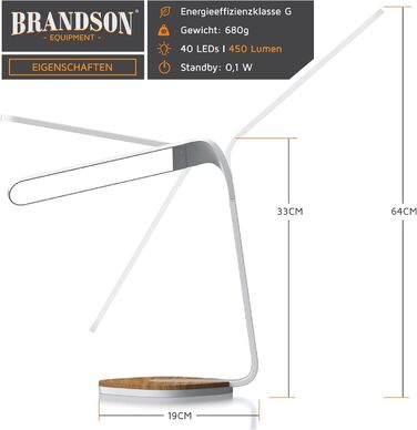 Brandson LED настільна лампа з дерева, диммована, 5 рівнів яскравості, 3 температури світла, сенсорне керування, 450 люмен, для офісу, навчання, біла, захист для очей
