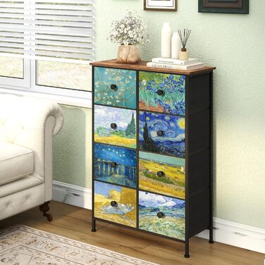 Вузька комод VEDECASA з 8 шухлядами Van Gogh для спальні, дитячої, вітальні, коридору, офісу, металевий каркас, дерев'яна стільниця, тканинні шухляди, 30×67×100 см