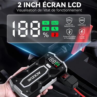 Бустерний пускач ACEZUK 6000A 12V для авто, мотоциклів та газонокосарок (до 7.0L бензин / 5.5L дизель) з LED-ліхтарем та цифровим дисплеєм