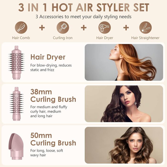 Набір для укладки волосся 3 в 1 Rotierend Air Styler (Рожевий) - Фен-щітка, обертова щітка, термощітка для сушіння, випрямлення та укладки