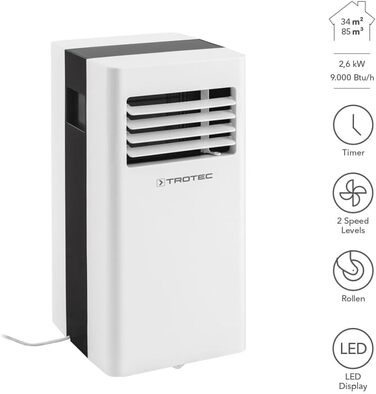 Мобільний кондиціонер TROTEC PAC 2600 X 3-в-1: охолодження, вентиляція, осушення, 2,6 кВт (9000 BTU/год) для приміщень до 34 м², 2 швидкості вентиляції