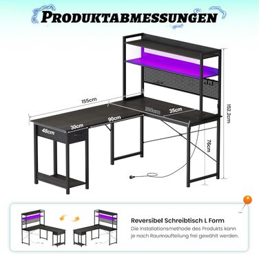 Письмовий стіл YOUDENOVA кутовий з полицею та розетками 135x90 см, чорний. Ігровий стіл L-подібний зі зберіганням 155x100x152 см