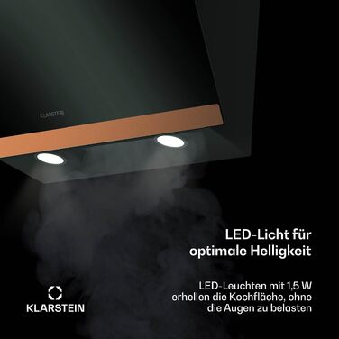 Витяжка кухонна Klarstein FlashLine 60, 60 см, чорна з міддю, продуктивність 524 м³/год, сенсорне керування, LED-підсвітка, клас A++, режим відведення та рециркуляції