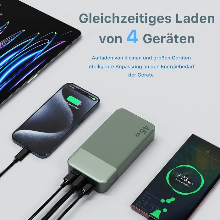 Power Bank NOBIS 20000mAh, 45W з USB-C кабелем, Digital Display, Зелений