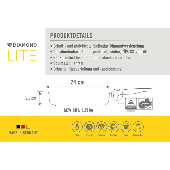 Сковорода квадратна Woll Diamond Lite 24x24 см, алюмінієва, антипригарна, знімна ручка, для газових, електро та галогенових плит, для духовки