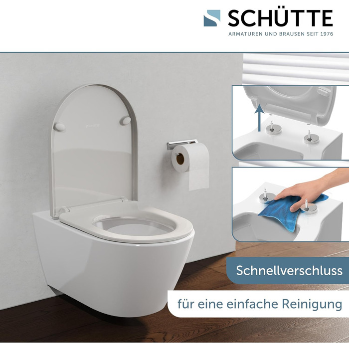 Сидіння для унітаза SCHÜTTE з мікроліфтом (D-подібне), біле, з ударостійкого дуропласту, витримує до 200 кг, з клейкими подушками для монтажу