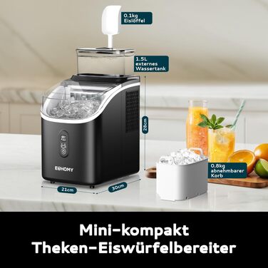 Льодогенератор EUHOMY IM005 для дому, кухні, офісу - 15 кг/добу, 2л, самоочищення, чорний