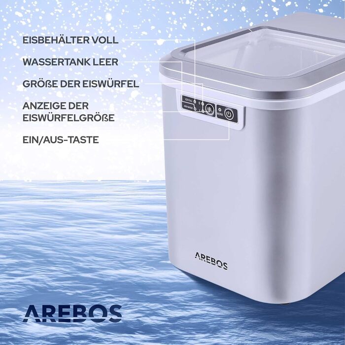 Льодогенератор Arebos, 12 кг/24 год, 2 розміри кубиків, 2,2 л, автоматичне очищення, тиха робота, сріблястий