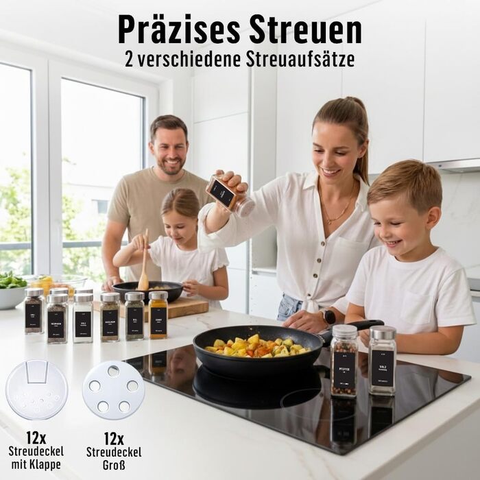 Набір скляних квадратних банок для спецій Deco haus® (12 шт.) з герметичними кришками, етикетками та дозаторами