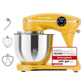 Кухонний комбайн KLAMER 1800W: планетарний міксер для тіста з чашею з нержавіючої сталі 6л, 10 швидкостей, таймером та набором насадок (Premium Yellow)