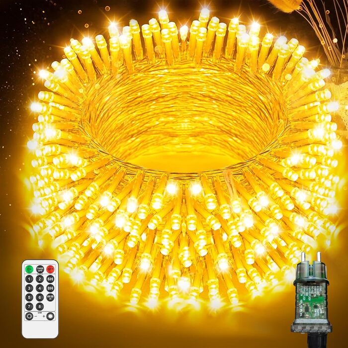 Світлодіодна гірлянда для вулиці та дому 25м 200 LED, теплий білий колір, 8 режимів роботи, з пультом та таймером, водонепроникна IP44, різдвяна ілюмінація для балкона та саду