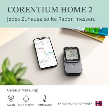 Airthings 325 Corentium Home 2: Радіометр радону з Bluetooth, датчики вологості та температури, портативний