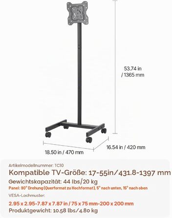 Стійка для телевізора VEVOR на колесах, 1510-1696 мм, VESA 100x100/400x600 мм, до 55
