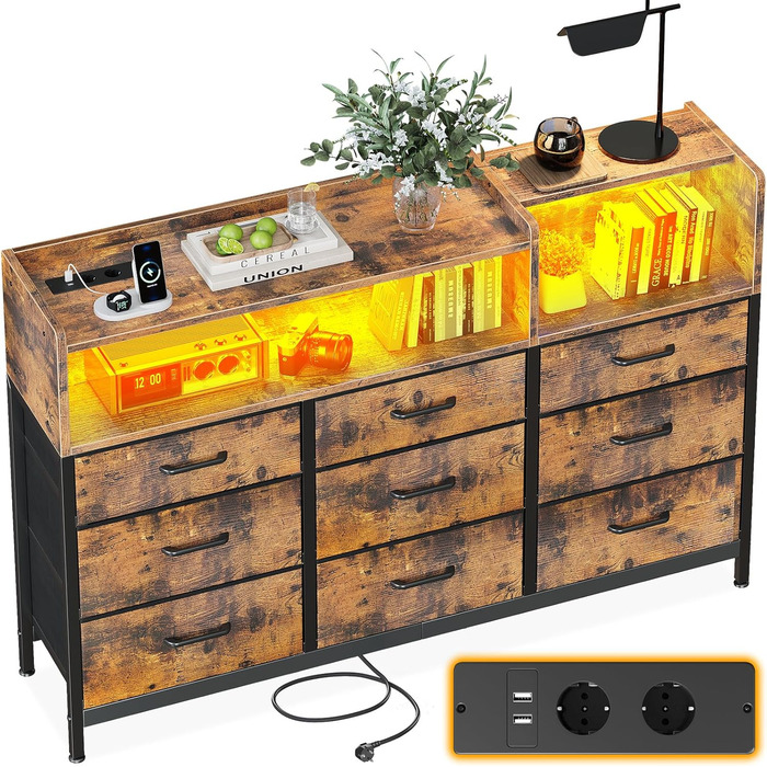 Комод ODK з шухлядами, 2 розетки, 2 USB, 10 LED-смужок, полиця-стільниця, 9 тканинних шухляд, чорний (ретро стиль), 130x30x97 см