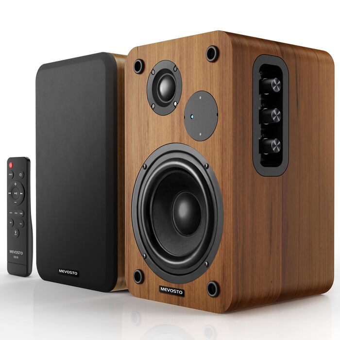 Активні полочні колонки 36W RMS, бездротові Bluetooth 5.4 динаміки для ПК з 5-дюймовим вуфером, USB-цифровим аудіо, регулюванням басів та високих частот, студійні монітори з RCA для вінілового програвача та ТВ, дерево