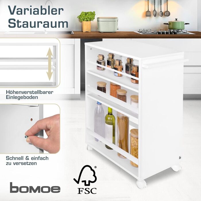 Кухонний візок bomoe Bengt на колесах, 3 рівні, FSC® дерево, універсальний сервірувальний столик 50x38x79 см, білий для кухні, ванної, офісу