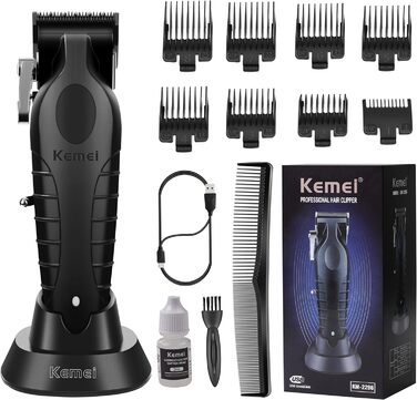 Kemei 2296 професійна машинка для стрижки волосся і бороди, бездротова, T-подібний лезо, USB-зарядка, чорна