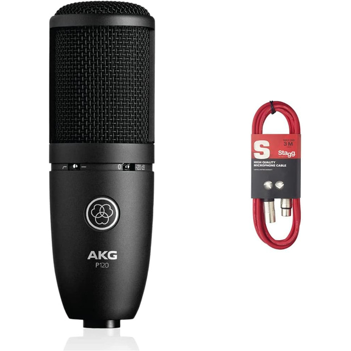 Студійний конденсаторний мікрофон AKG P120 чорний + кабель Stagg XLR-XLR 3 м червоний для запису