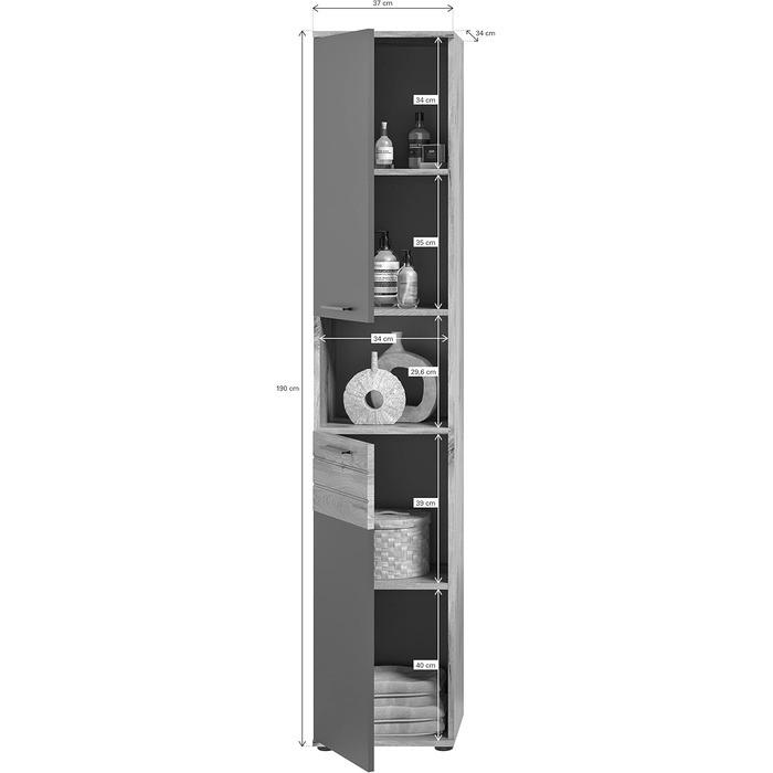 Високий шафа для ванної Xonox Home Mason X12B8711, сірий, 37x190x34 см
