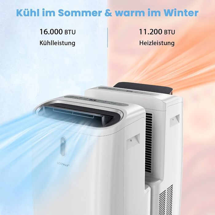 Мобільний кондиціонер COSTWAY 16000 BTU з функцією обігріву, осушення, вентиляції та нічного режиму для приміщень до 150 м² з пультом та керуванням через додаток, 4.7 кВт, ≤57 дБ