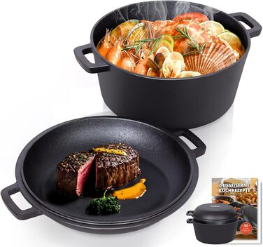 Чавунна каструля Todeco 26 см з кришкою, 5 л, для духовки, 2-в-1, з рецептурником, форма для випікання хліба