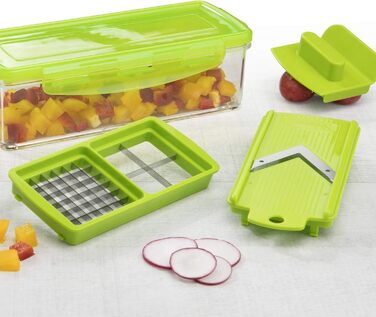 Овочерізка Genius Nicer Dicer Smart 13 в 1, багатофункціональна мандоліна для нарізки, шинкування, кубиків, соломки, чистки та зберігання овочів і фруктів, kiwi-зелений колір