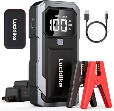 Бустер акумулятора Lucklike 5000A: Потужний пусковий пристрій (Powerbank) для авто (до 10.0л бензин / 8.0л дизель), 12V літієвий пускач з LED-ліхтарем, сріблястий