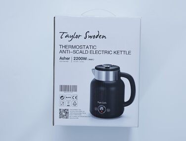 Електрочайник Taylor Swoden Asher з регулюванням температури 45-100°C, 1.7 л, ретро стиль, нержавіюча сталь, 2200 Вт, чорний, функція підтримки тепла