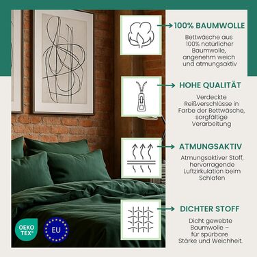 Комплект постільної білизни VEL VET HOME з 100% бавовни, підковдра 140x200 см та наволочка 80x80 см, на блискавці, колір зелений, Made in EU