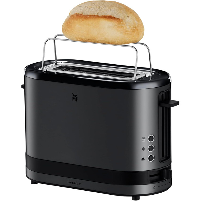Тостер WMF Küchenminis для 1 тосту XXL, з підставкою для булочок, розморожування, 7 рівнів підсмажування, 600 Вт, нержавіюча сталь, чорний матовий