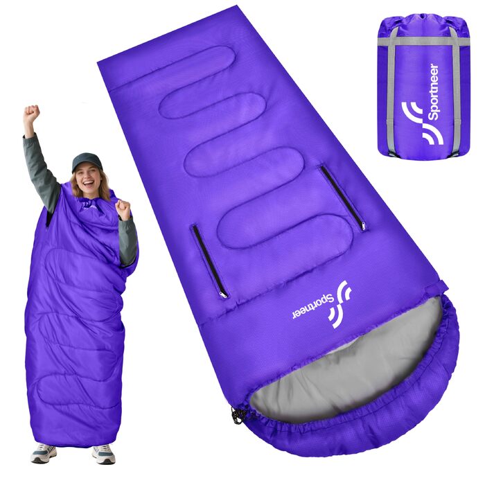 Спальний мішок Sportneer Outdoor у формі ковдри 220×85 см, з отворами для рук, вага 1.5 кг (фіолетовий, температурний режим +10...+26 °C)