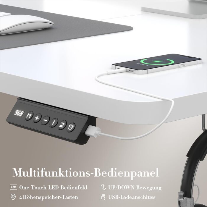 Airfish електричний стіл з регулюванням висоти 100x60 см, з USB-роз'ємом і пам'яттю, білий