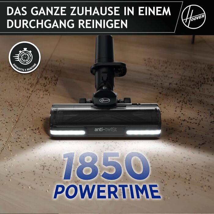 Бездротовий пилосос Hoover HF9 HOME з акумулятором, до 120 м², потужний, без мішка, антизаплутуюча насадка з LED-підсвіткою для всіх типів підлог