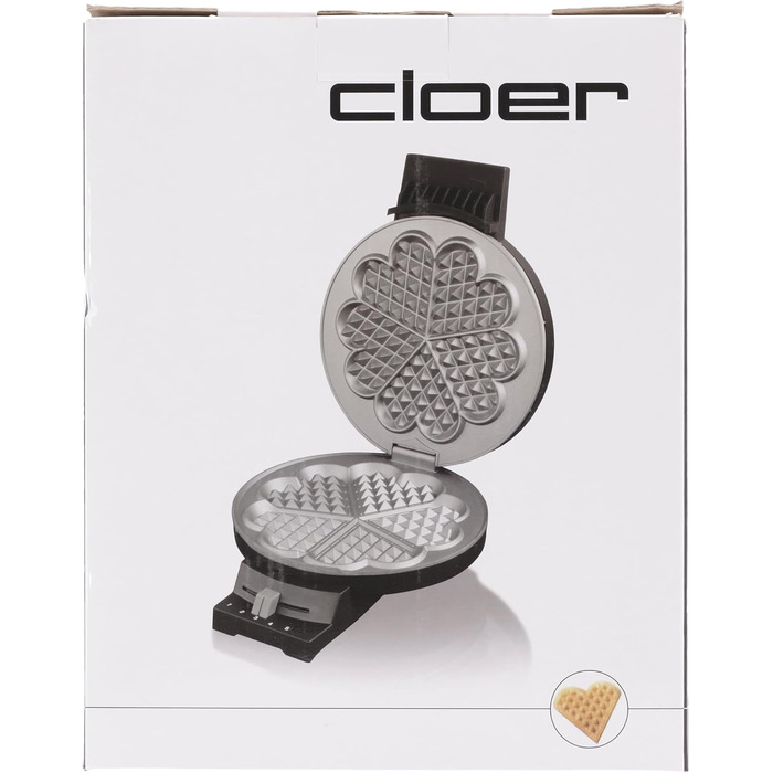 Електрична вафельниця Cloer 180 Вт, 930 Вт, для серцевидних вафель 16 см, метал, чорна, важкі антипригарні пластини, світловий і звуковий сигнал про готовність