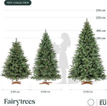 Штучна ялинка FAIRYTREES Nordmann Premium 220 см, білий засніжений сосновий колір, PVC, з натуральними шишками та дерев'яною підставкою