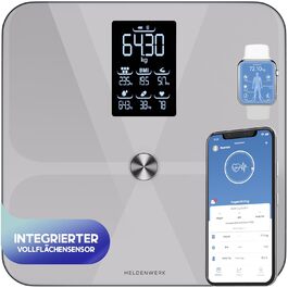 Цифрова ваги для аналізу складу тіла HELDENWERK Harmony, Bluetooth, до 180 кг, з мобільним додатком, вимірювання жиру, ІМТ, м'язової маси, білка, BMR, біла