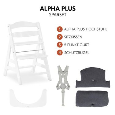 Дитячий стільчик Hauck Alpha+ - дерев'яний, регульована висота, з подушкою, захисний бампер та ремінь безпеки, від 6 місяців (колір подушки: Jersey Charcoal, White)