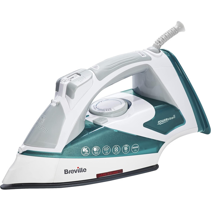 Праска Breville Powersteam 2600W з керамічною підошвою, 220г парового удару, вертикальним паровим струменем, автовимкнення, білий/блакитний