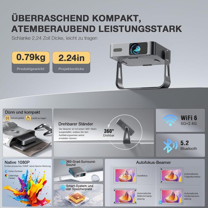 Розумний міні-проектор VOPLLS 4K з автофокусом та корекцією трапецієподібних викривлень, 700 ANSI люмен, 1080P Full HD, WiFi 6, Bluetooth, портативний домашній кінотеатр для смартфонів (Сріблястий)