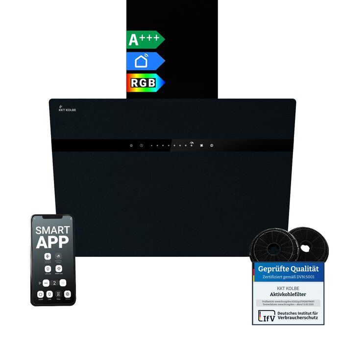 Витяжка кухонна KKT Kolbe Style 60 cm A+++, 782 м³/год, нержавіюча сталь та чорне скло, WLAN, RGBW-LED підсвічування, сенсорне керування, STYLE6005SMAO