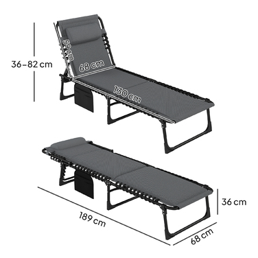 Складний садовий шезлонг Outsunny Sun Lounger з бічною сумкою-подушкою, м'який шезлонг з регульованою спинкою в 5 напрямках, стійкий до погодних умов шезлонг з навантаженням до 120 кг, для садового пляжу темно-сірий