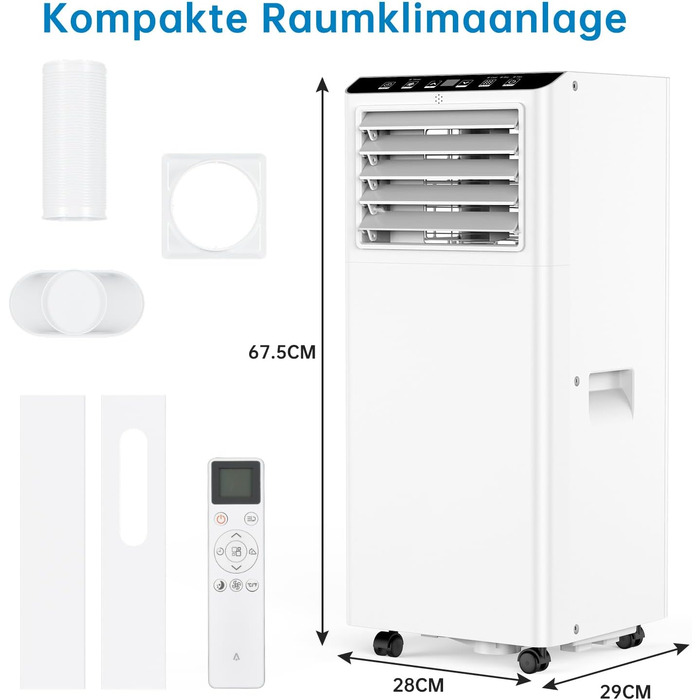 Мобільний кондиціонер 4-в-1 Leises 9000 BTU: охолодження, вентиляція, осушення, Follow-Me. Для кімнат до 43-51 м². З пультом, таймером на 24 год, цифровим дисплеєм та вивідним шлангом (білий)