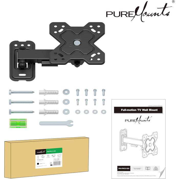 Настінний кронштейн для ТБ та монітора PureMounts, нахильний та поворотний, VESA 100x100 мм, для екранів 13-32 дюйми до 20 кг, чорний