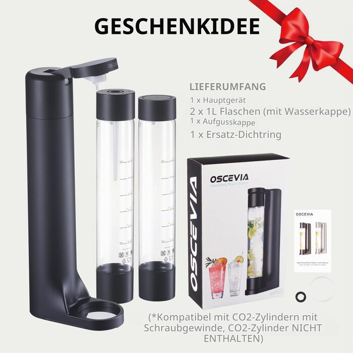 Сифон для газування води Seltzer Sprudelwasser-Maschine, домашній содоmaker з 2 BPA-free пляшками по 1 л, сумісний з балонами CO2 60 л, чорний