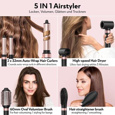 Slopehill Airstyler 5 в 1: Фен-щітка, випрямляч, плойка, для об'єму та укладання волосся (Чорний)