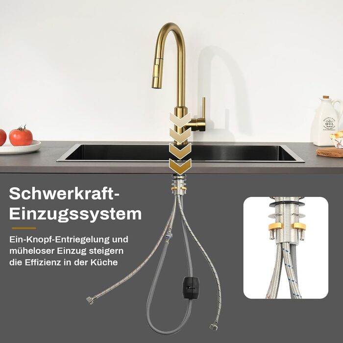 Змішувач для кухні високого тиску з висувним душем, золотий, нержавіюча сталь, поворотний на 360°