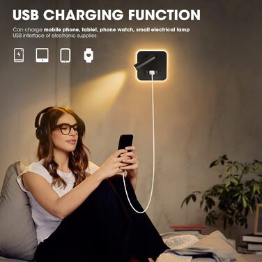 Комплект з 2 LED настінних світильників для інтер’єру з вимикачем і USB, 12W, 360° поворот, сучасна настінна лампа 3000K тепле біле світло для спальні та вітальні