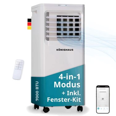 Мобільний кондиціонер Könighaus 7000 BTU для кімнат до 20 м²: 4-в-1 (охолодження, осушення, вентилятор, очищення повітря) з пультом та керуванням через додаток, енергоефективний (A)