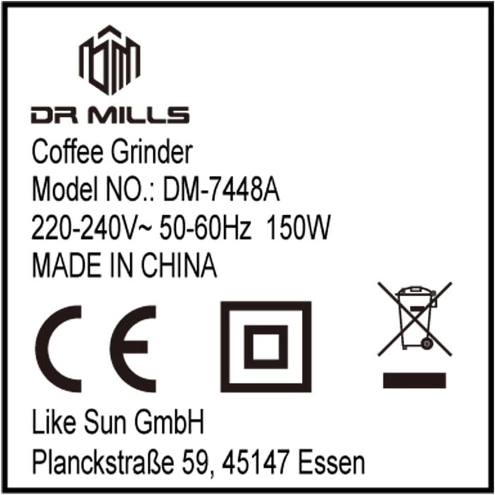 Електрична кавомолка та млинок для спецій DR MILLS DM-7448A, нержавіюча сталь SUS304, ніж, чаша та корпус