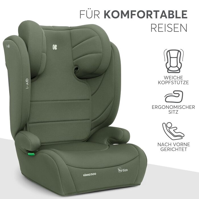 Автокрісло KikkaBoo 15-36 кг i-AID, група 2-3 (3-12 років), i-Size, регульована підголовник, армійний зелений